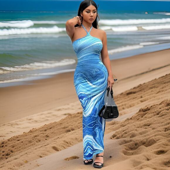 New XS Blue Swirl Y2k Bodycon Halter Beach Dress Fitted‎ Maxi Long Baby Summer - Picture 1 of 3